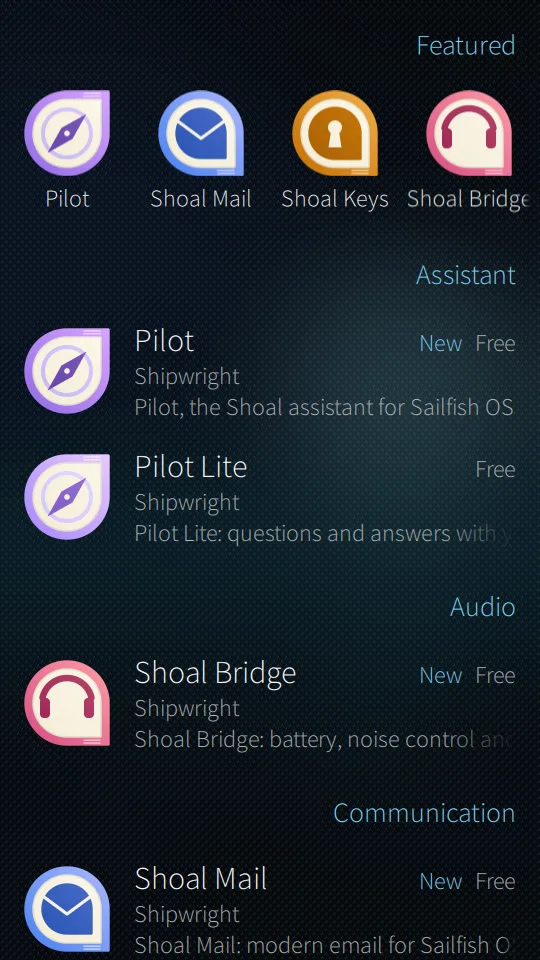 The Reef app on a Sailfish phone: the catalogue for Sailfish OS 5.2.0.15 with a search box, featured apps, icons, publishers and Paid or Free labels